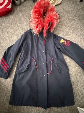 Vintage Navy Utility Parka with Red Fur-Trim Hood